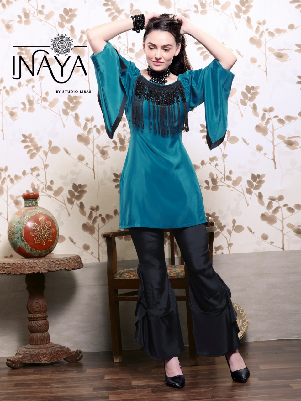 Inaya By Studio Libas Designer Tunic With Ruffle Bell Pant RAMA - BLACK