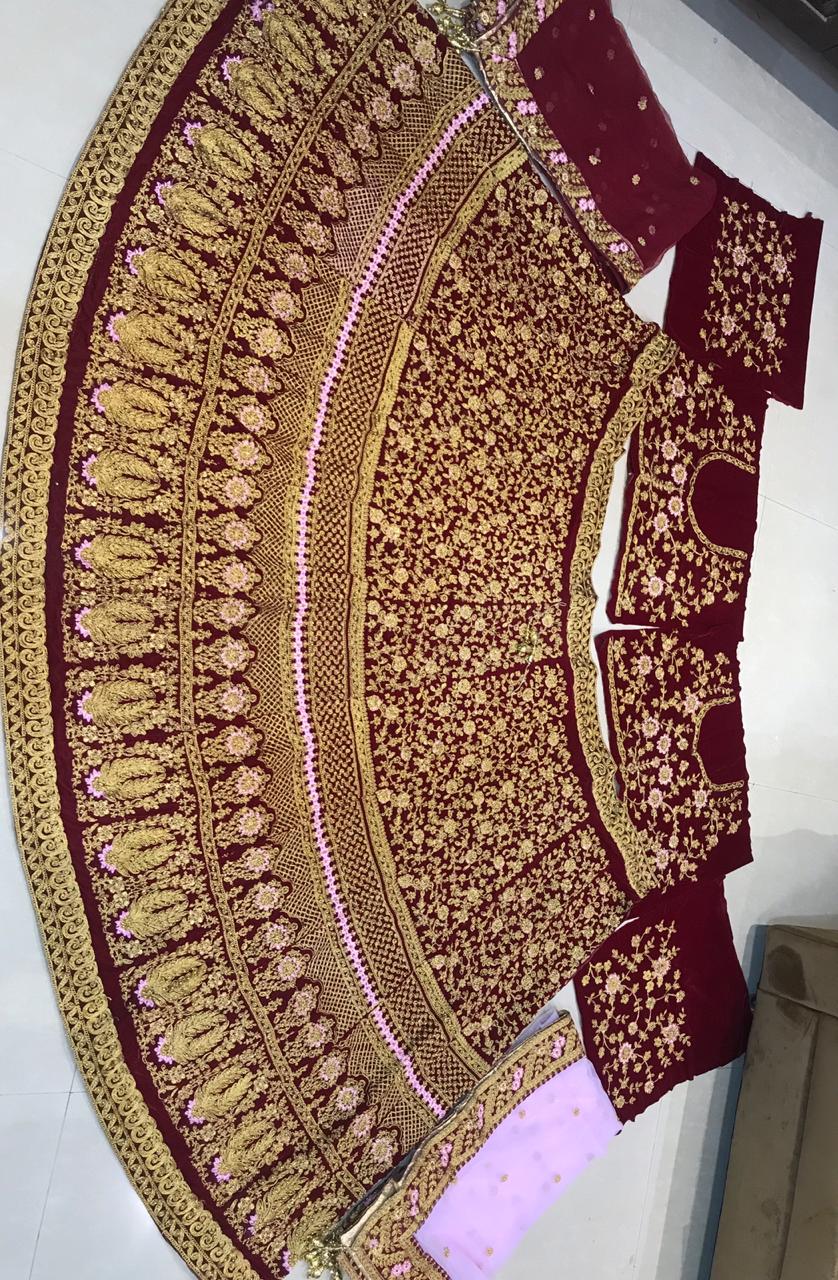 9000 Velvet Embroidery Lehenga Choli In Maroon Colour - LD5590032