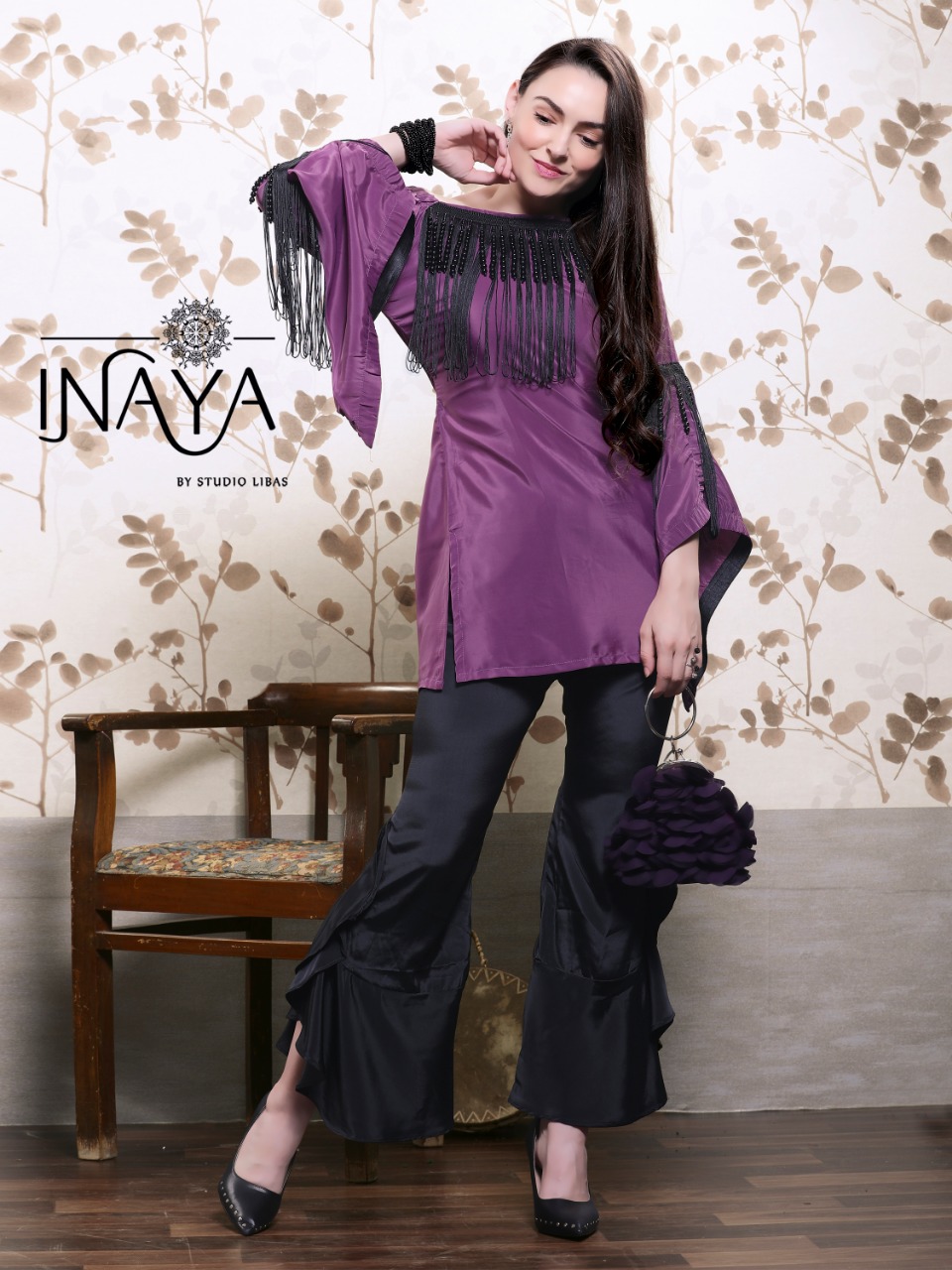 Inaya By Studio Libas Designer Tunic With Ruffle Bell Pant WINE - BLACK