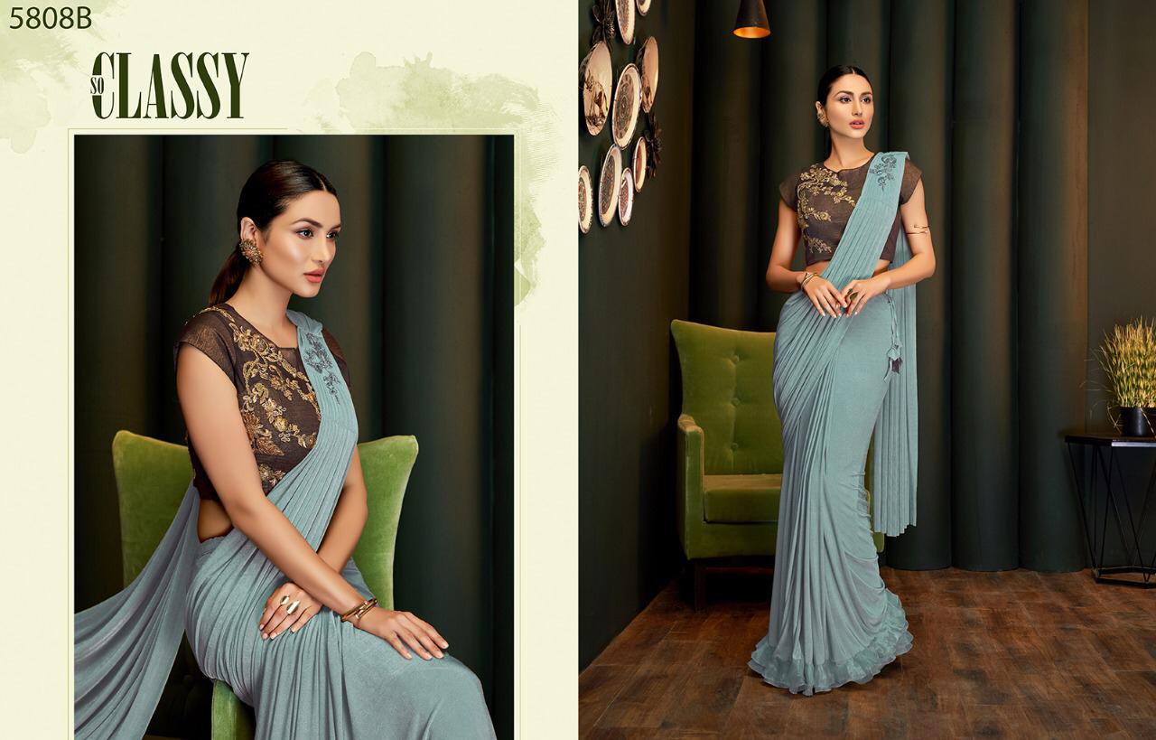 Sea green lycra frilled party wear saree 5811