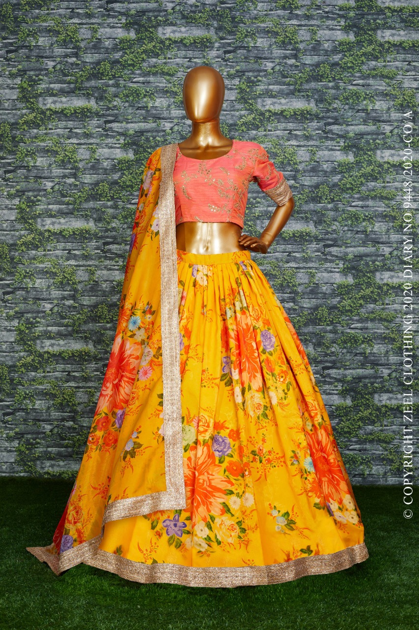 Yellow Embroidery & Digital Print Pure Silk Sabyasachi Party Wear Lehenga  with Blouse at Rs 2599 | ब्राइडल सिल्क लहंगा in Surat | ID: 21384026697