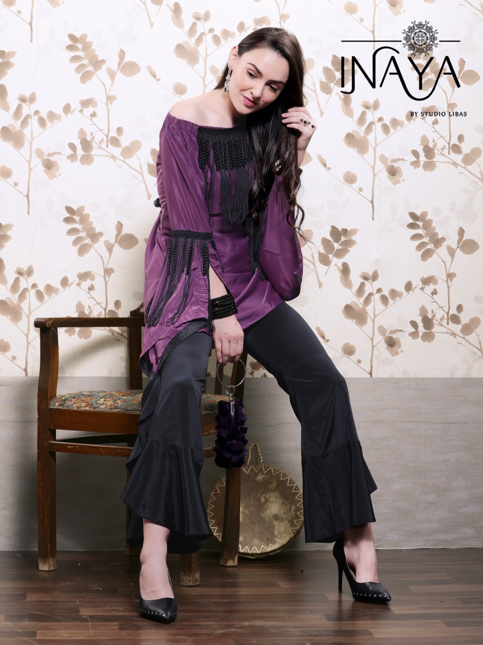 Inaya By Studio Libas Designer Tunic With Ruffle Bell Pant WINE - BLACK