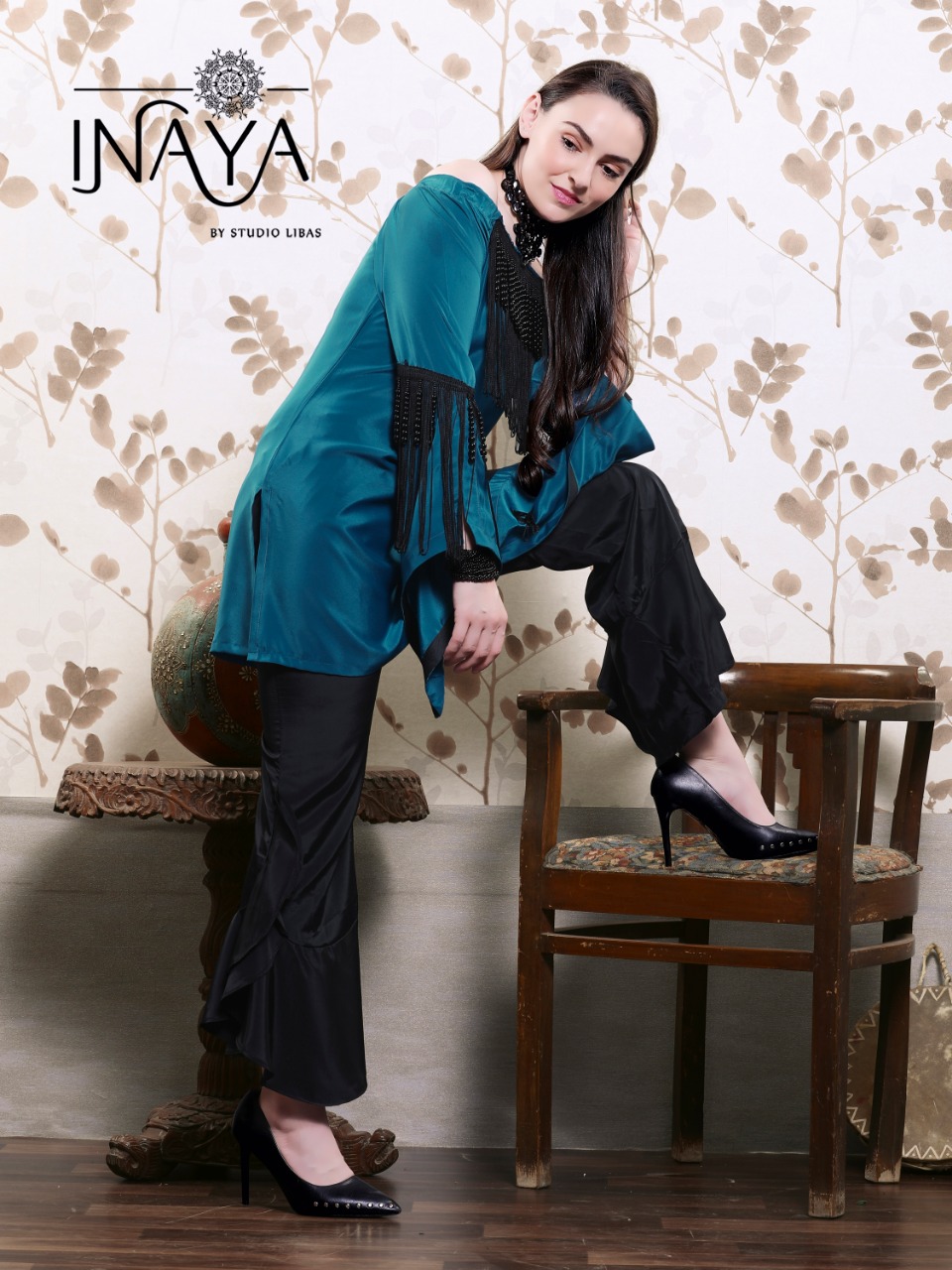 Inaya By Studio Libas Designer Tunic With Ruffle Bell Pant RAMA-BLACK