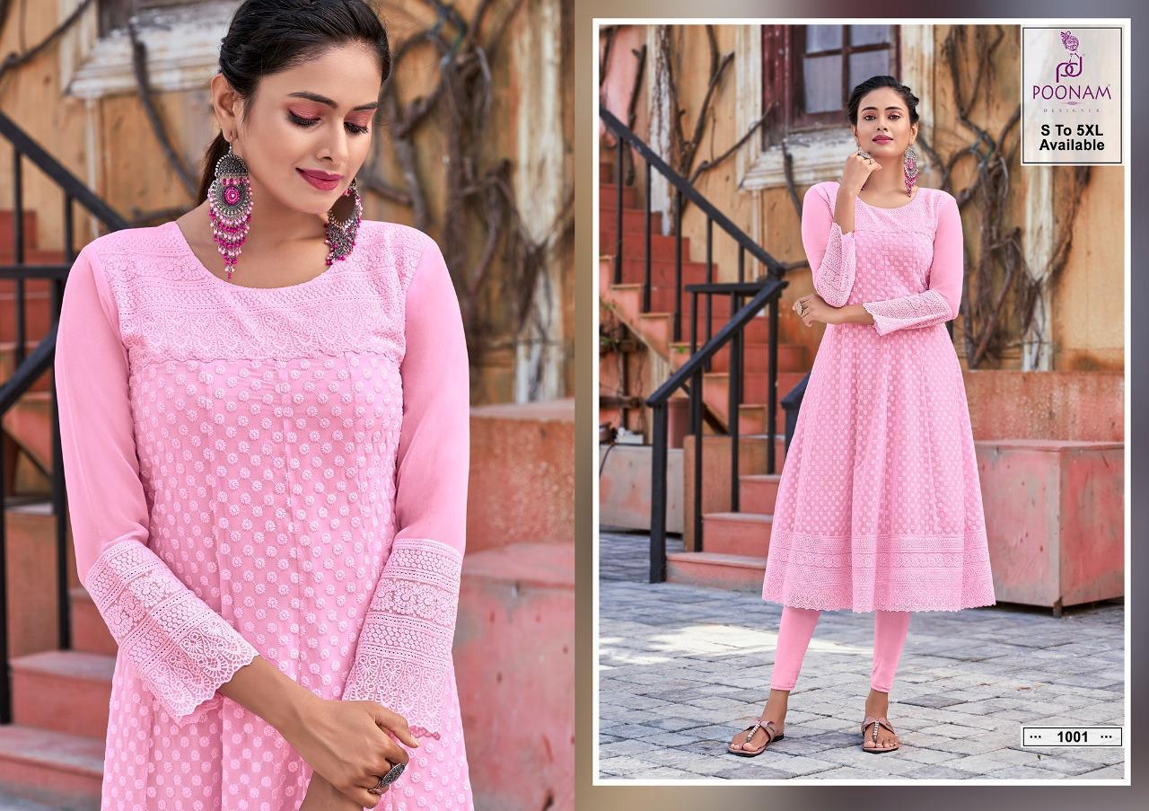 Poonam Designer Gorgeous Lucknowi Cotton Work Kurtis Pants With Dupatta Set  Collection