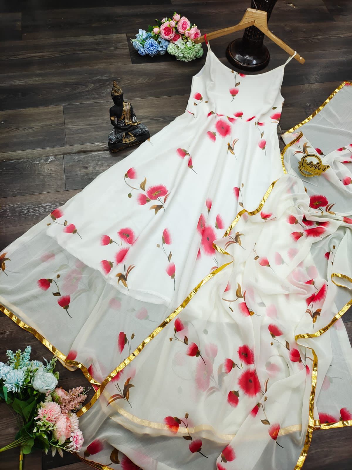 Bollywood Printed White Gown With Dupatta