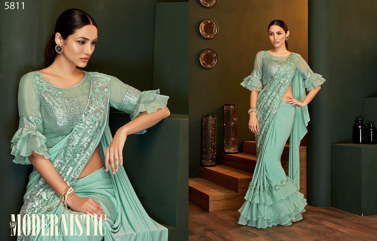 Sea green lycra frilled party wear saree 5811