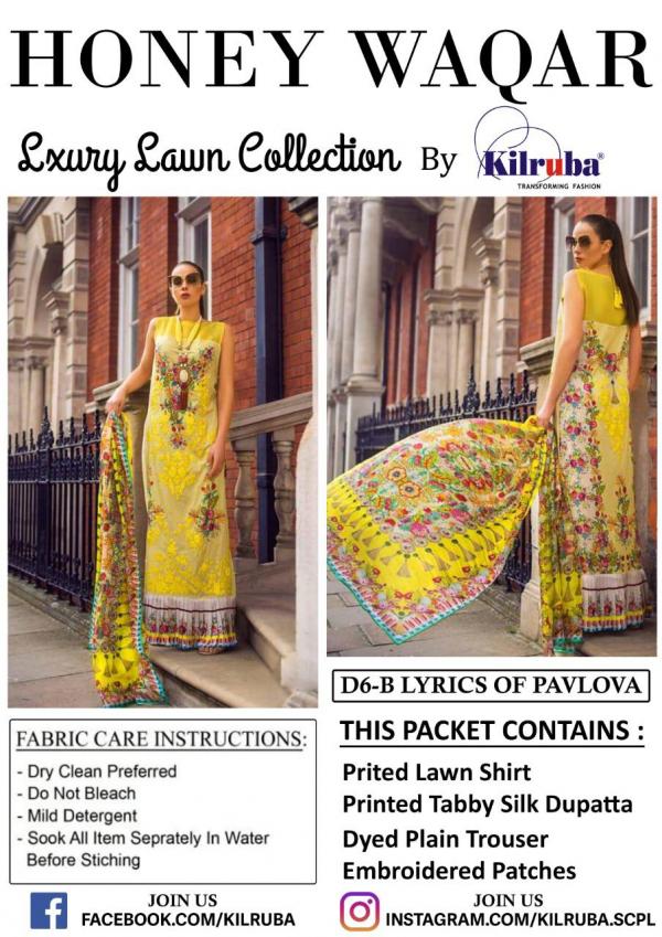 Kilruba Honey Waqar Luxury Lawn Collection D6-D10 Series 