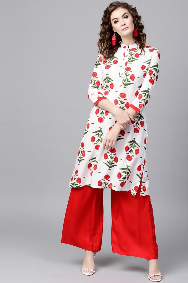 1011 Red & White Printed Casual Kurti